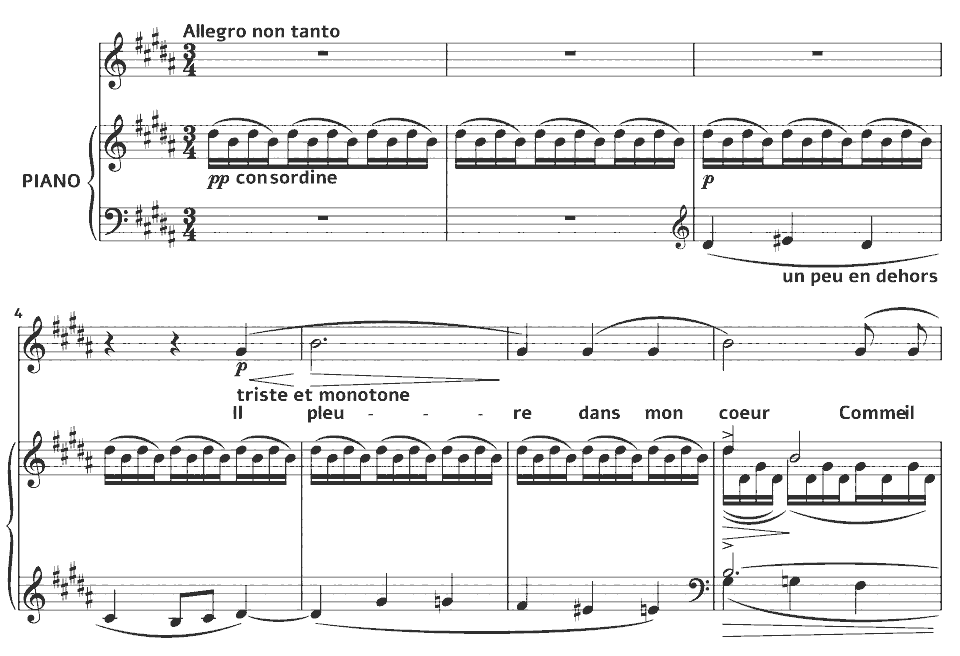Die ersten Takte von Ariettes Oubliées: Il pleure dans mon coeur von Claude Debussy in Notenschrift.