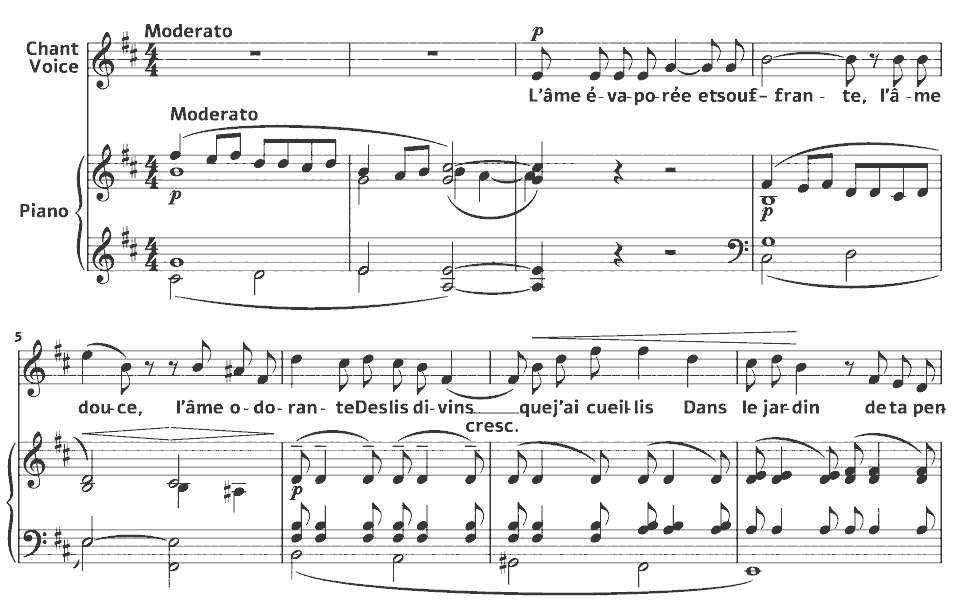 Die ersten Takte von Romances: L’âme évaporée von Claude Debussy in Notenschrift.