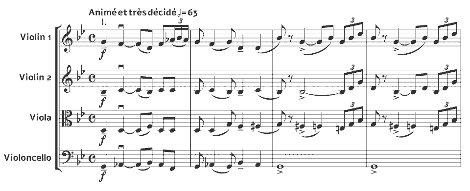 The opening bars of String Quartet in G minor, Op.10 by Claude Debussy in music notation.