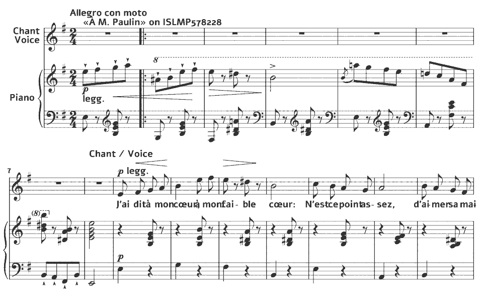 Die ersten Takte von Nouvelles mélodies: Chanson von Clémence de Grandval in Notenschrift.