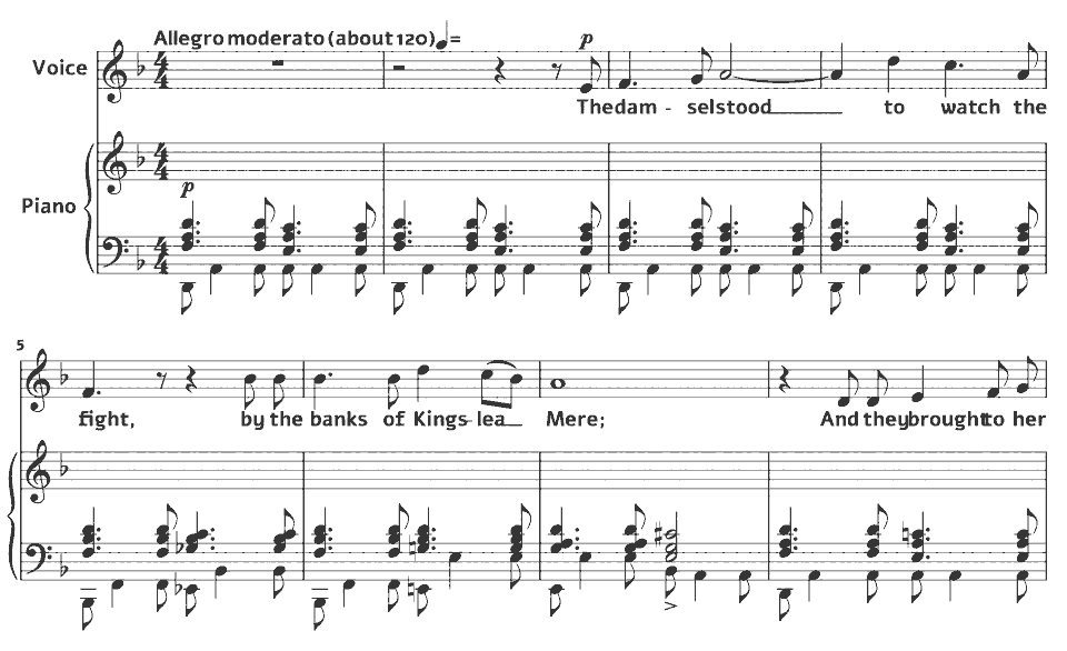 Die ersten Takte von The Ballad of Kingslea Mere von Cyril Rootham in Notenschrift.