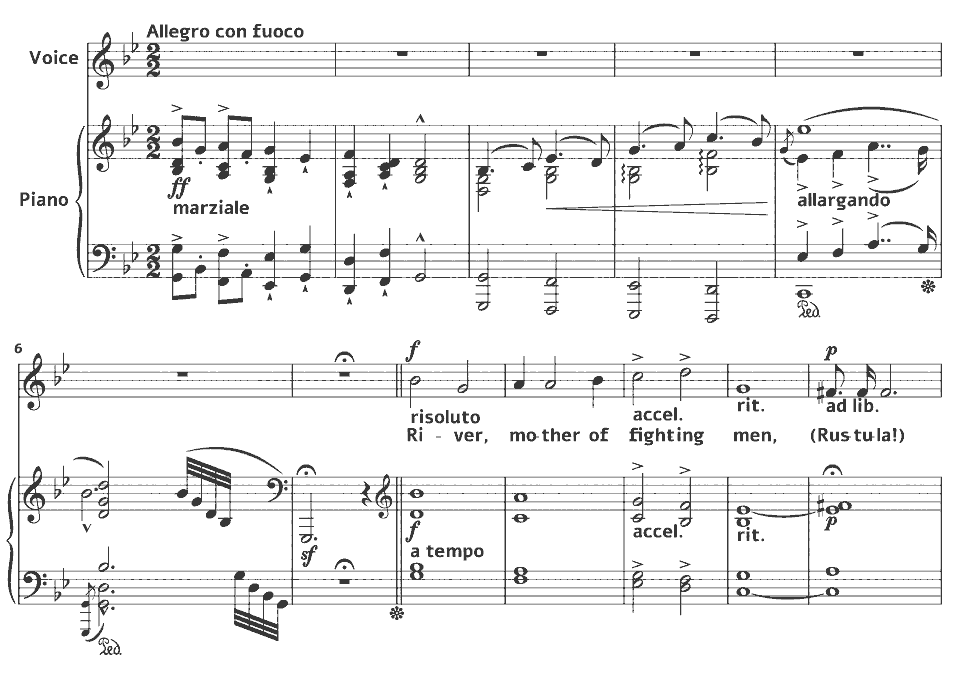 Die ersten Takte von Op.60 Songs: The River von Edward Elgar in Notenschrift.
