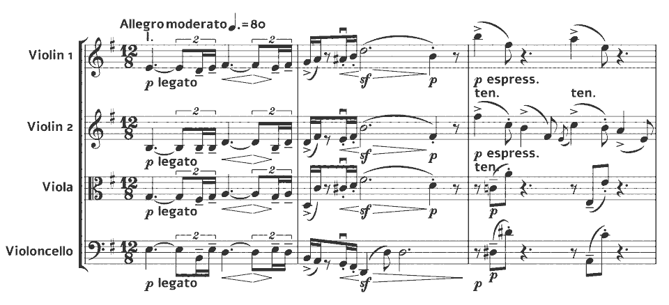The opening bars of Op.83 String Quartet by Edward Elgar in music notation.