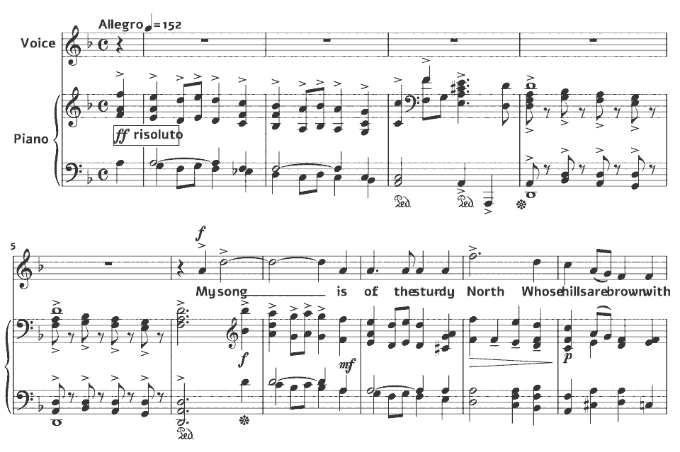 Die ersten Takte von Spring Songs: My Song Is of the Sturdy North von Edward German in Notenschrift.
