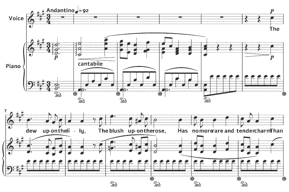 Die ersten Takte von Spring Songs: The Dew Upon the Lily von Edward German in Notenschrift.