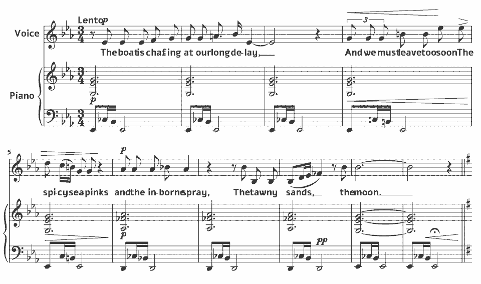 Die ersten Takte von Op.16 Songs: The boat is chafing at our long delay von Eleanor Everest Freer in Notenschrift.