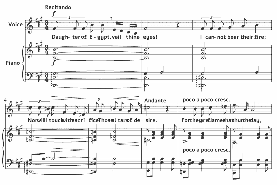 Die ersten Takte von Op.16 Songs: veil thine eyes Daughter of Egypt von Eleanor Everest Freer in Notenschrift.