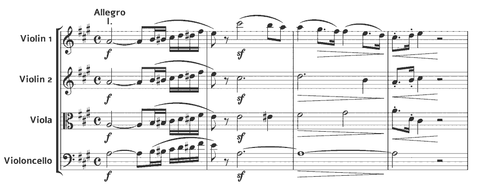 Die ersten Takte von String Quartet in A major von Elfrida Andrée in Notenschrift.