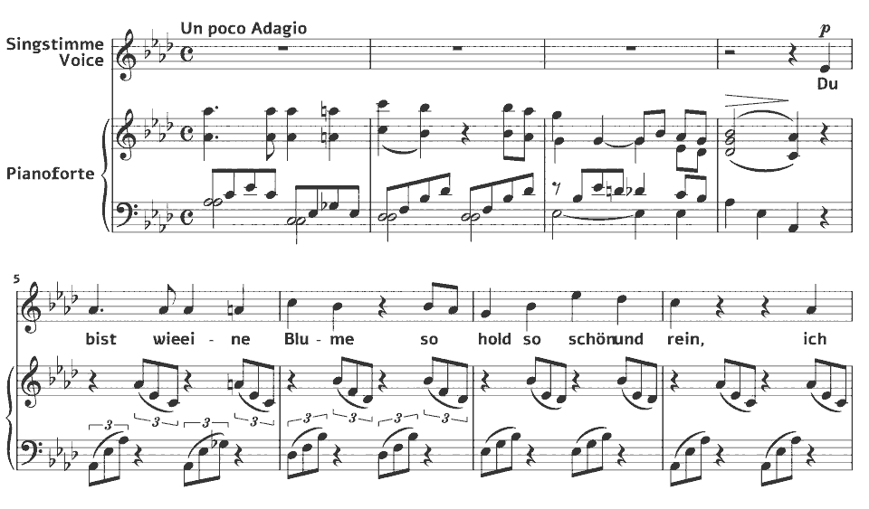Die ersten Takte von Op.7 Lieder: Du bist wie eine Blume von Emilie Mayer in Notenschrift.