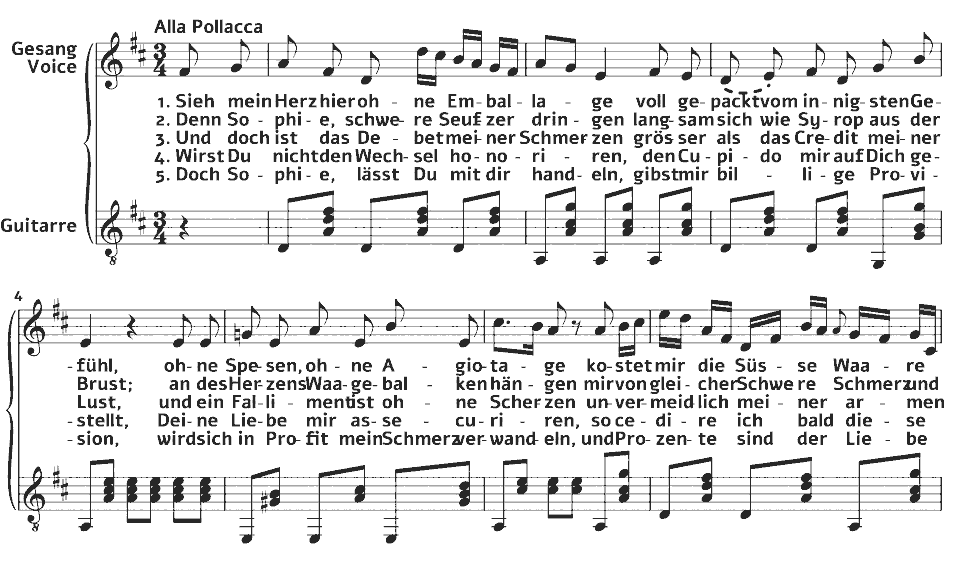 Die ersten Takte von Lieder: Des Kaufmanns Liebeswerbung von Emilie Zumsteeg in Notenschrift.
