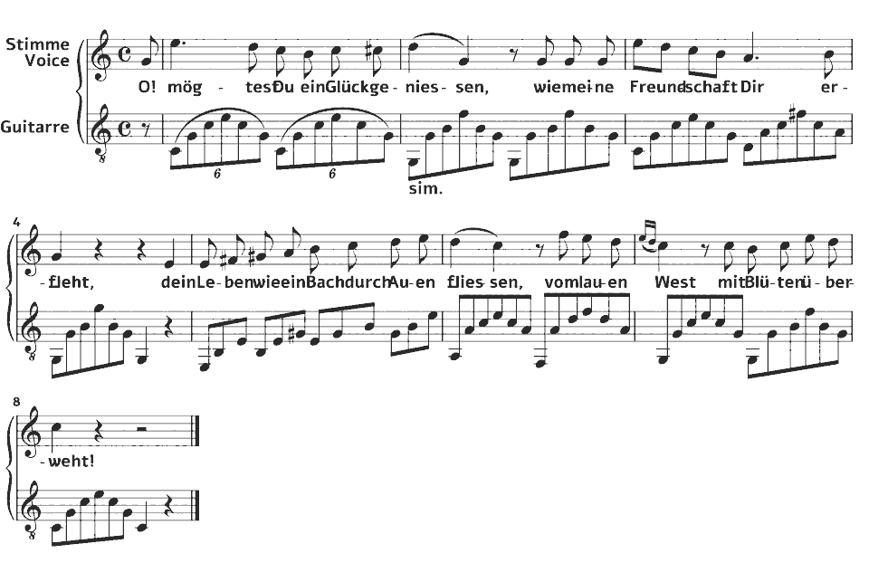 Die ersten Takte von Lieder: In das Stambuch einer Freundin von Emilie Zumsteeg in Notenschrift.