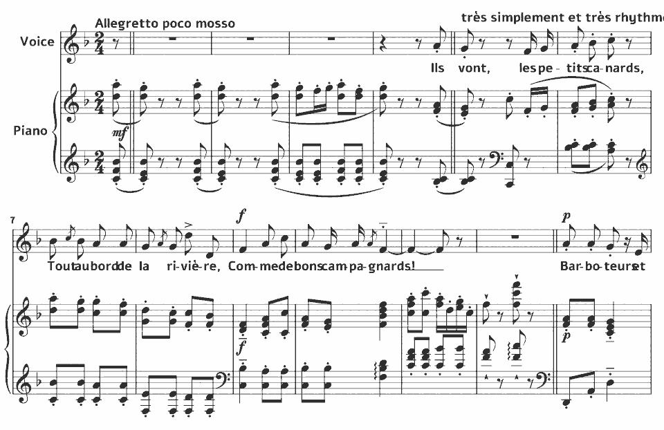 Die ersten Takte von Villanelle des petits canards von Emmanuel Chabrier in Notenschrift.