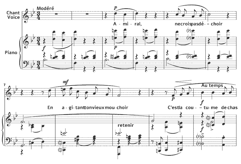 Die ersten Takte von Petites mélodies: Adieu von Erik Satie in Notenschrift.