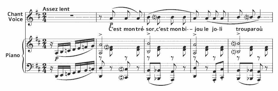 Die ersten Takte von Petites mélodies: Chanson von Erik Satie in Notenschrift.
