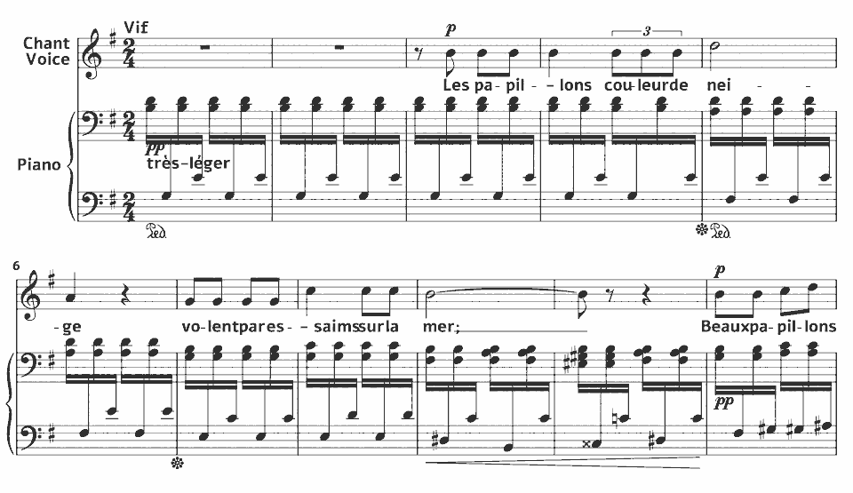 Die ersten Takte von Op.2 Mélodies: Les Papillons von Ernest Chausson in Notenschrift.