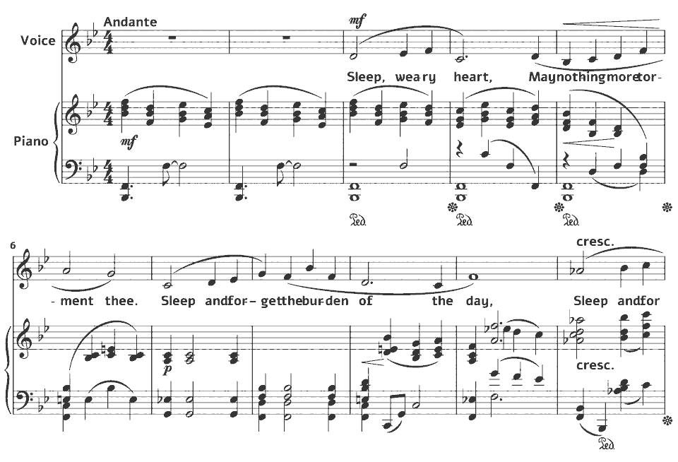 The opening bars of Weary Heart Sleep by Ethel Barns in music notation.