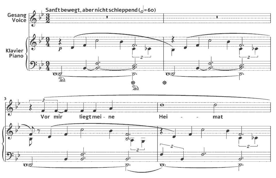 Die ersten Takte von Op. posth Lieder fernen Gedenkens: Heimkehr von Evelyn Faltis in Notenschrift.