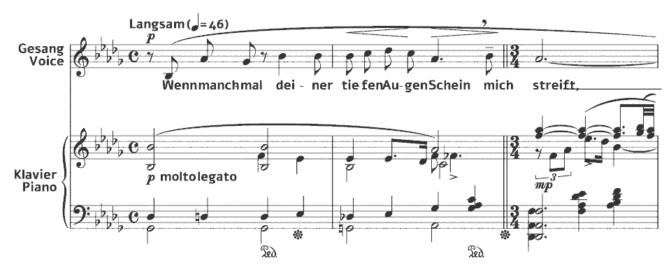 Die ersten Takte von Op. posth Lieder fernen Gedenkens: Unklarheit von Evelyn Faltis in Notenschrift.
