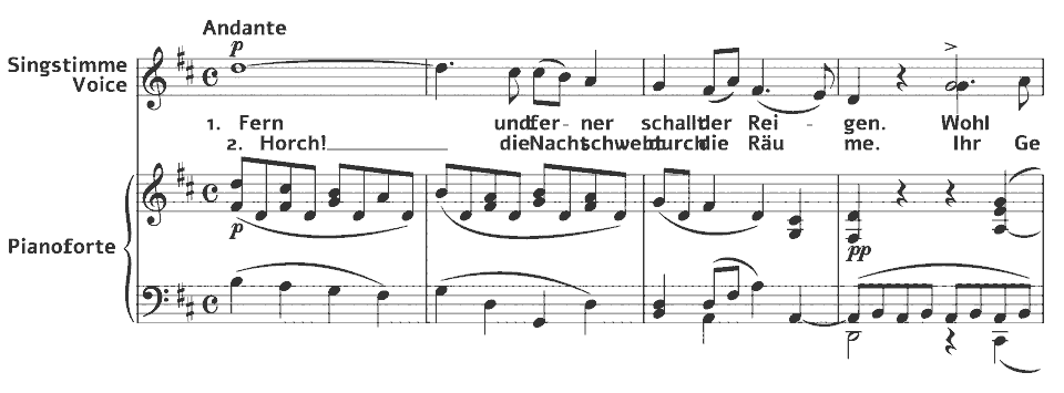 Die ersten Takte von Lieder: Sehnsucht von Fanny Hensel in Notenschrift.