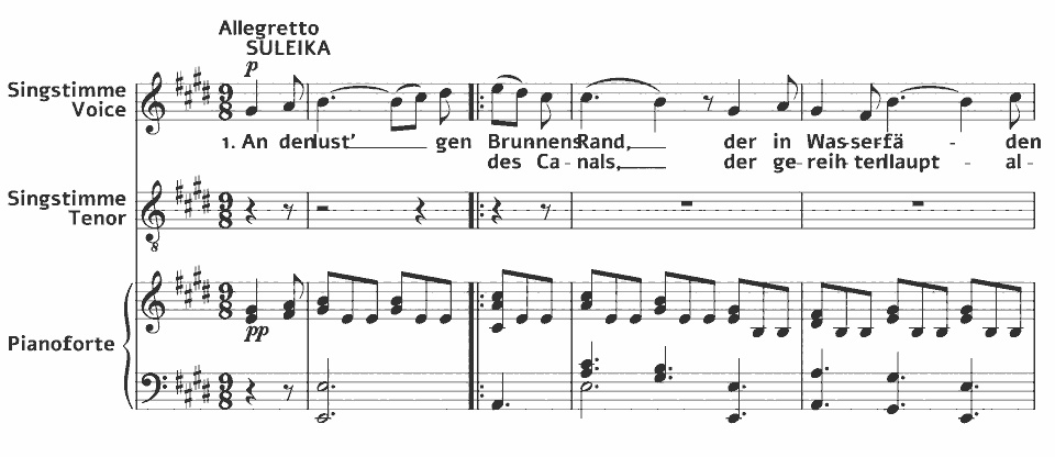Die ersten Takte von Songs: Suleika und Hatem von Fanny Hensel in Notenschrift.