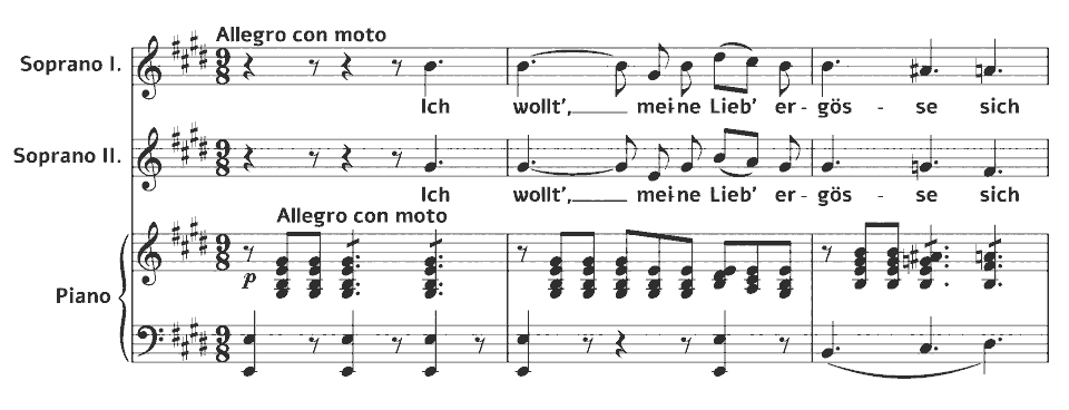 Die ersten Takte von Op.63 Duets: meine Lieb’ ergösse sich, MWV J 5 Ich wollt’ von Felix Mendelssohn in Notenschrift.
