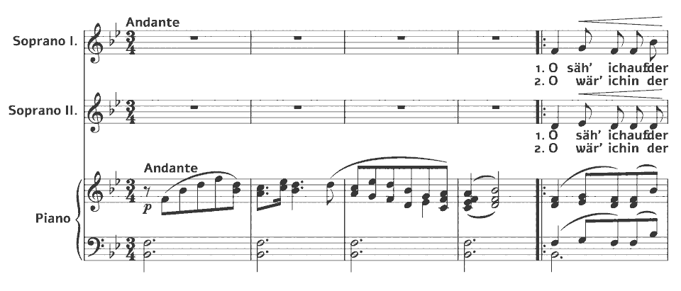 Die ersten Takte von Op.63 Duets: MWV J 10 Volkslied von Felix Mendelssohn in Notenschrift.