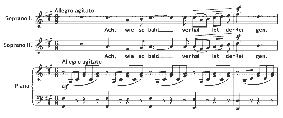 Die ersten Takte von Op.63 Duets: MWV J 11 Herbstlied von Felix Mendelssohn in Notenschrift.
