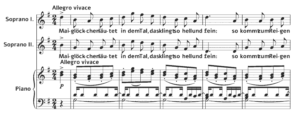 The opening bars of Op.63 Duets: MWV J 7 Maiglöckchen und die Blümelein by Felix Mendelssohn in music notation.