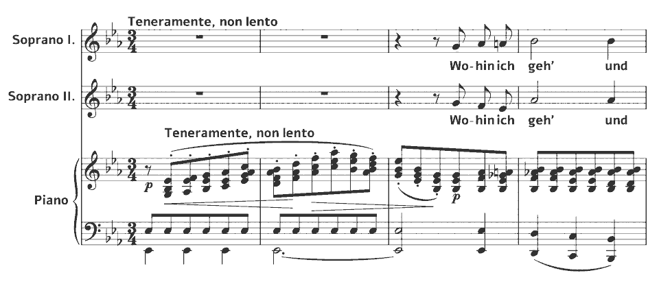 Die ersten Takte von Op.63 Duets: MWV J 8 Gruss von Felix Mendelssohn in Notenschrift.