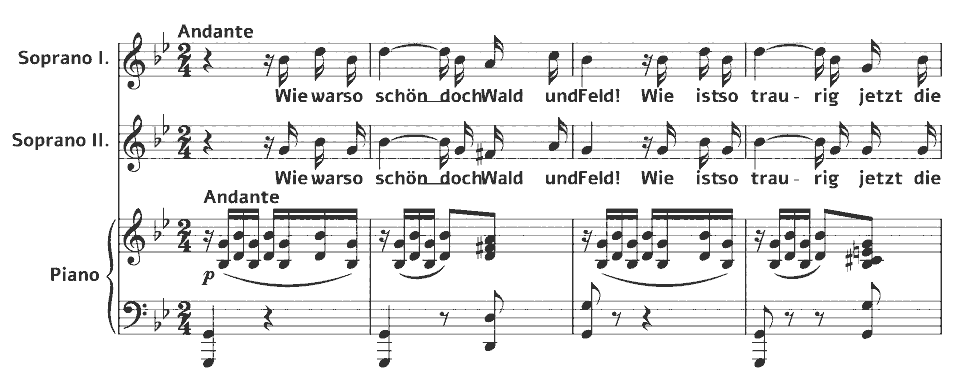Die ersten Takte von Op.63 Duets: MWV J 9 Abschiedslied der Zugvögel von Felix Mendelssohn in Notenschrift.