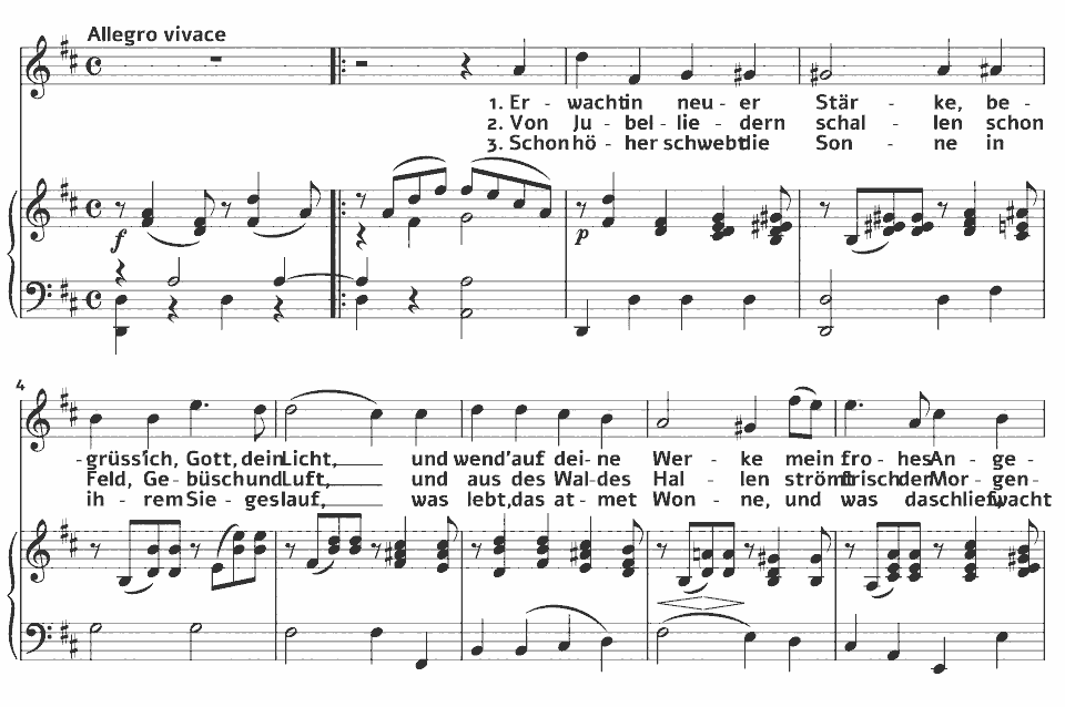 Die ersten Takte von Op.86 Gesänge: MWV K 123 Morgenlied von Felix Mendelssohn in Notenschrift.