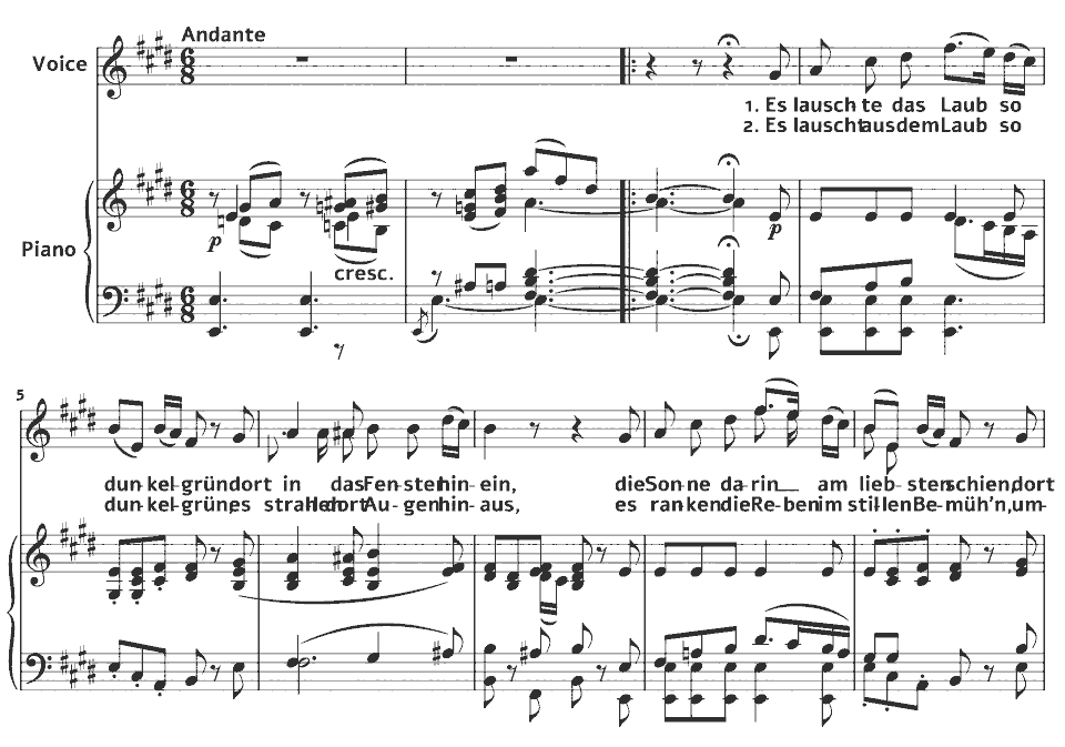 Die ersten Takte von Op.86 Gesänge: MWV K 29 Das Fenster von Felix Mendelssohn in Notenschrift.
