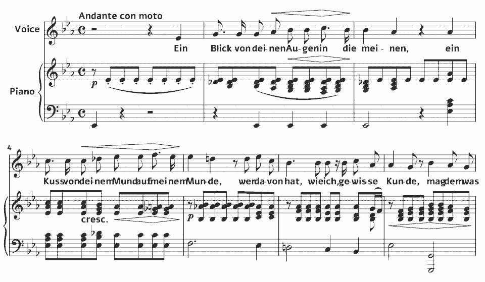The opening bars of Op.86 Gesänge: MWV K 66 Die Liebende schreibt by Felix Mendelssohn in music notation.