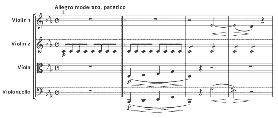 Die ersten Takte von Op.19, BV 208 String Quartet No.1 von Ferruccio Busoni in Notenschrift.