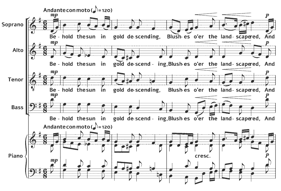 Die ersten Takte von Behold the Sun in gold descending von Florence Ashton Marshall in Notenschrift.