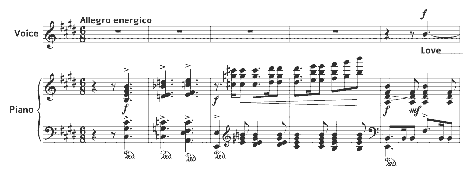 The opening bars of H.114 Love went a-riding by Frank Bridge in music notation.