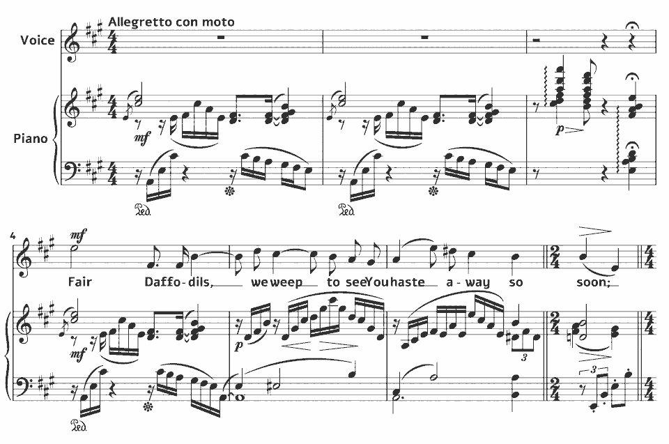 The opening bars of H.51 Fair Daffodils by Frank Bridge in music notation.