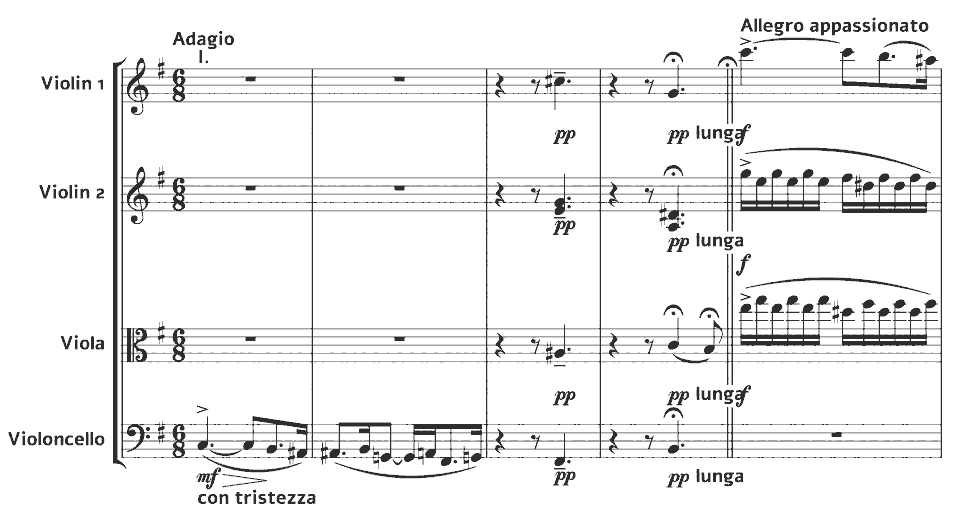 The opening bars of H.70 String Quartet No.1 by Frank Bridge in music notation.