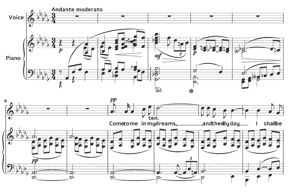 Die ersten Takte von H.71 Come to Me in my Dreams von Frank Bridge in Notenschrift.