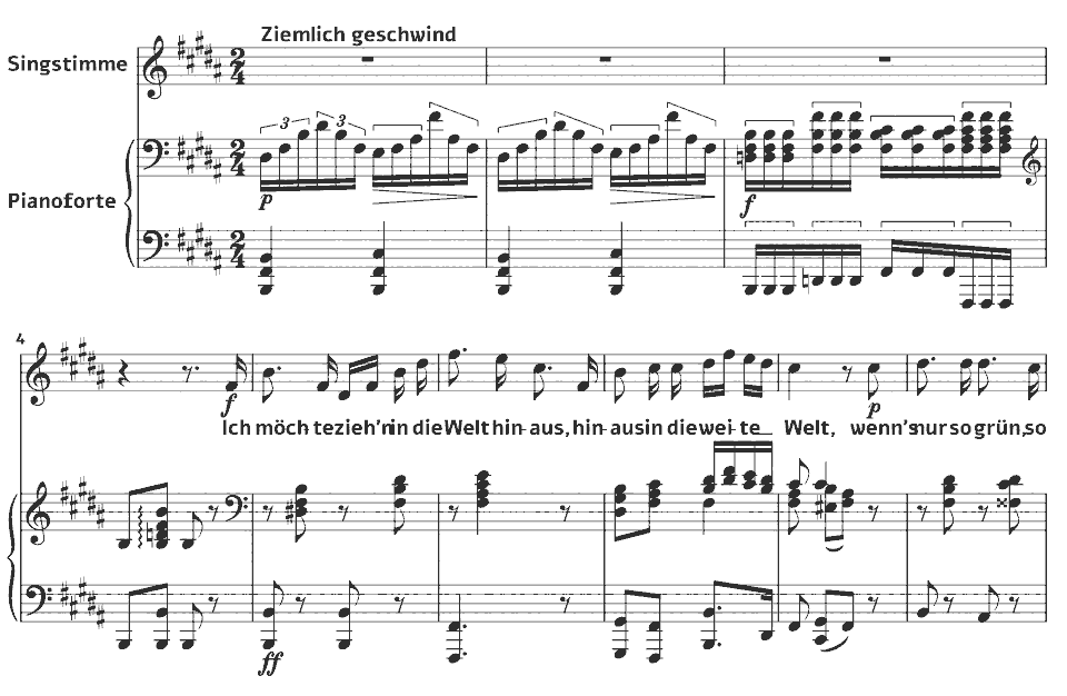 The opening bars of D.795 Die schöne Müllerin: Die böse Farbe by Franz Schubert in music notation.