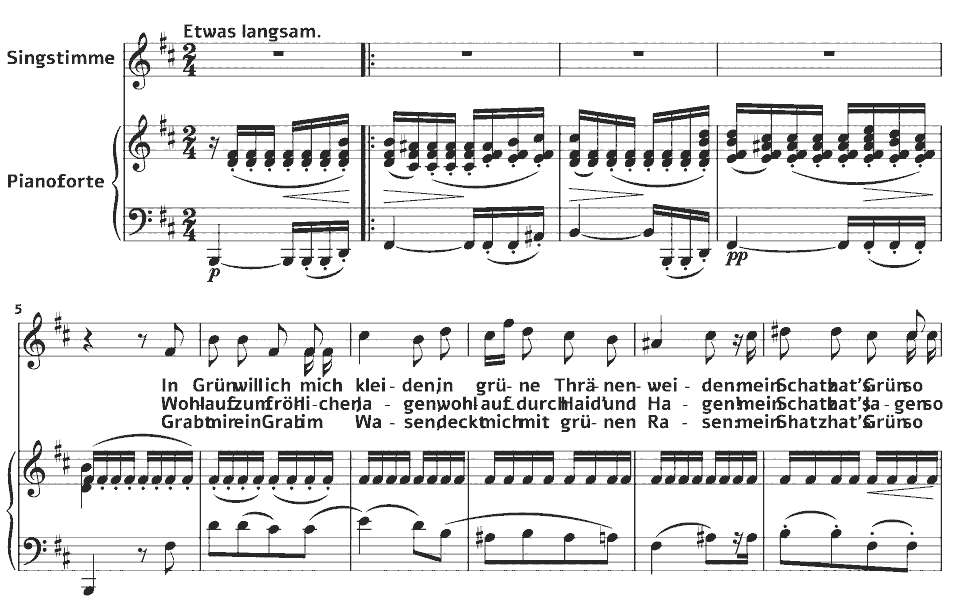 The opening bars of D.795 Die schöne Müllerin: Die liebe Farbe by Franz Schubert in music notation.