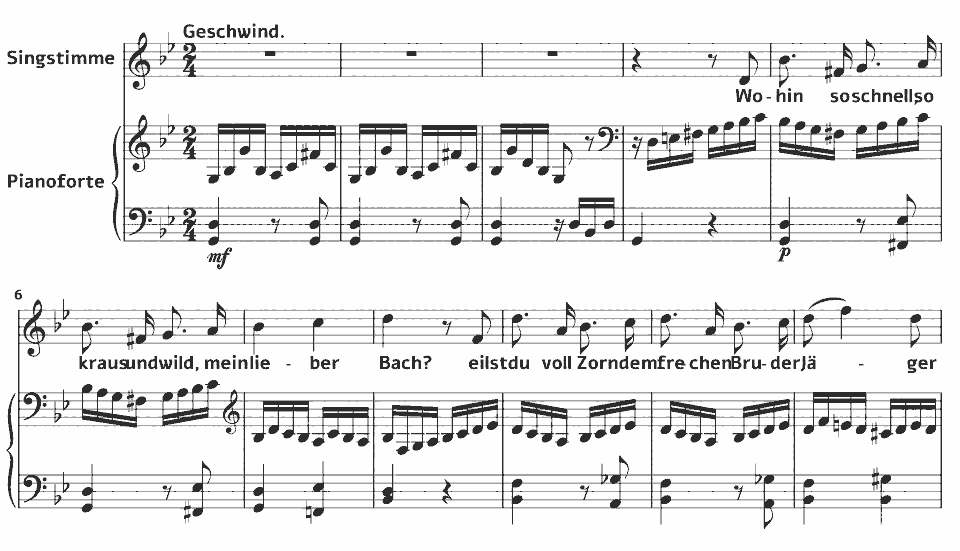 Die ersten Takte von D.795 Die schöne Müllerin: Eifersucht und Stolz von Franz Schubert in Notenschrift.