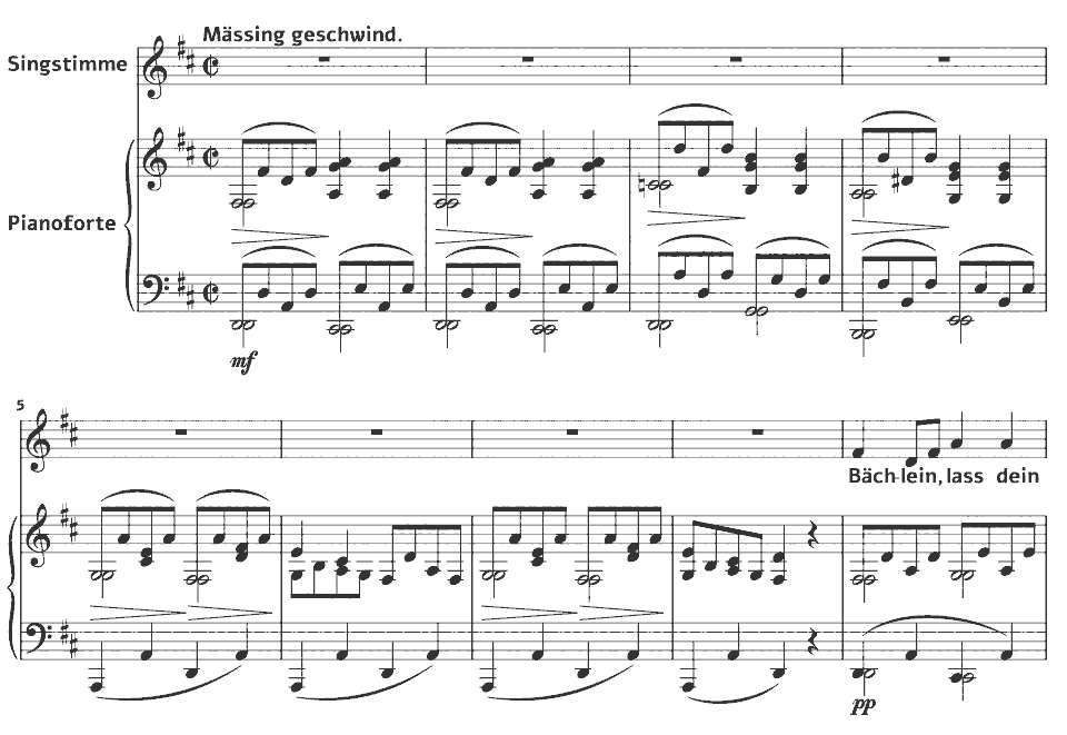 Die ersten Takte von D.795 Die schöne Müllerin: Mein! von Franz Schubert in Notenschrift.