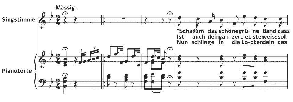 The opening bars of D.795 Die schöne Müllerin: Mit dem grünen Lautenbande by Franz Schubert in music notation.