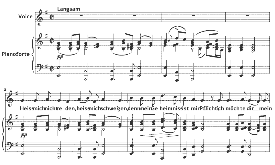 Die ersten Takte von D.877 Gesänge aus „Wilhelm Meister“: Lied der Mignon (Heiss mich nicht reden) von Franz Schubert in Notenschrift.