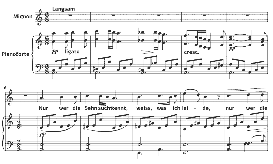 Die ersten Takte von D.877 Gesänge aus „Wilhelm Meister“: Lied der Mignon (Nur wer die Sehnsucht kennt) von Franz Schubert in Notenschrift.