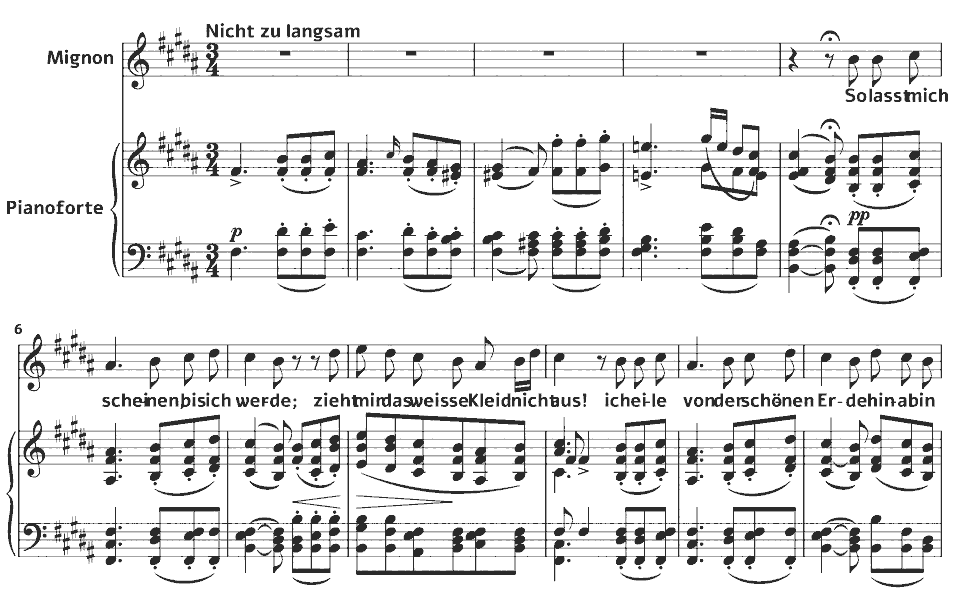 Die ersten Takte von D.877 Gesänge aus „Wilhelm Meister“: Lied der Mignon (So lasst mich scheinen) von Franz Schubert in Notenschrift.