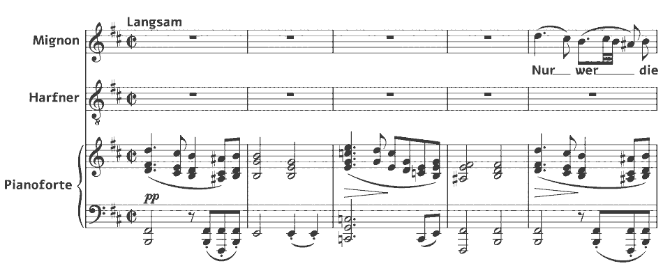 Die ersten Takte von D.877 Gesänge aus „Wilhelm Meister“: Mignon und der Harfner von Franz Schubert in Notenschrift.