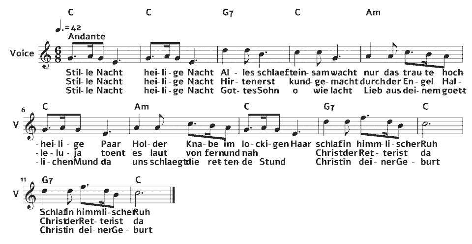 Die ersten Takte von Stille Nacht, heilige Nacht von Franz Xaver Gruber / Joseph Mohr (arr.) in Notenschrift.