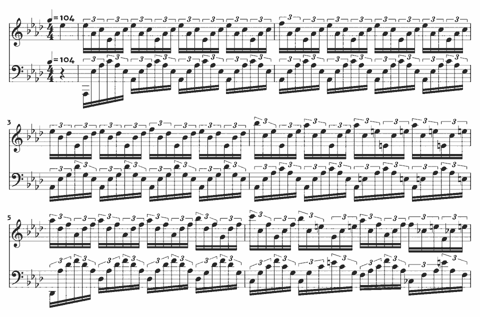 Die ersten Takte von Étude in A-flat major, Op. 25 No. 1 ("Aeolian Harp") von Frédéric Chopin in Notenschrift.